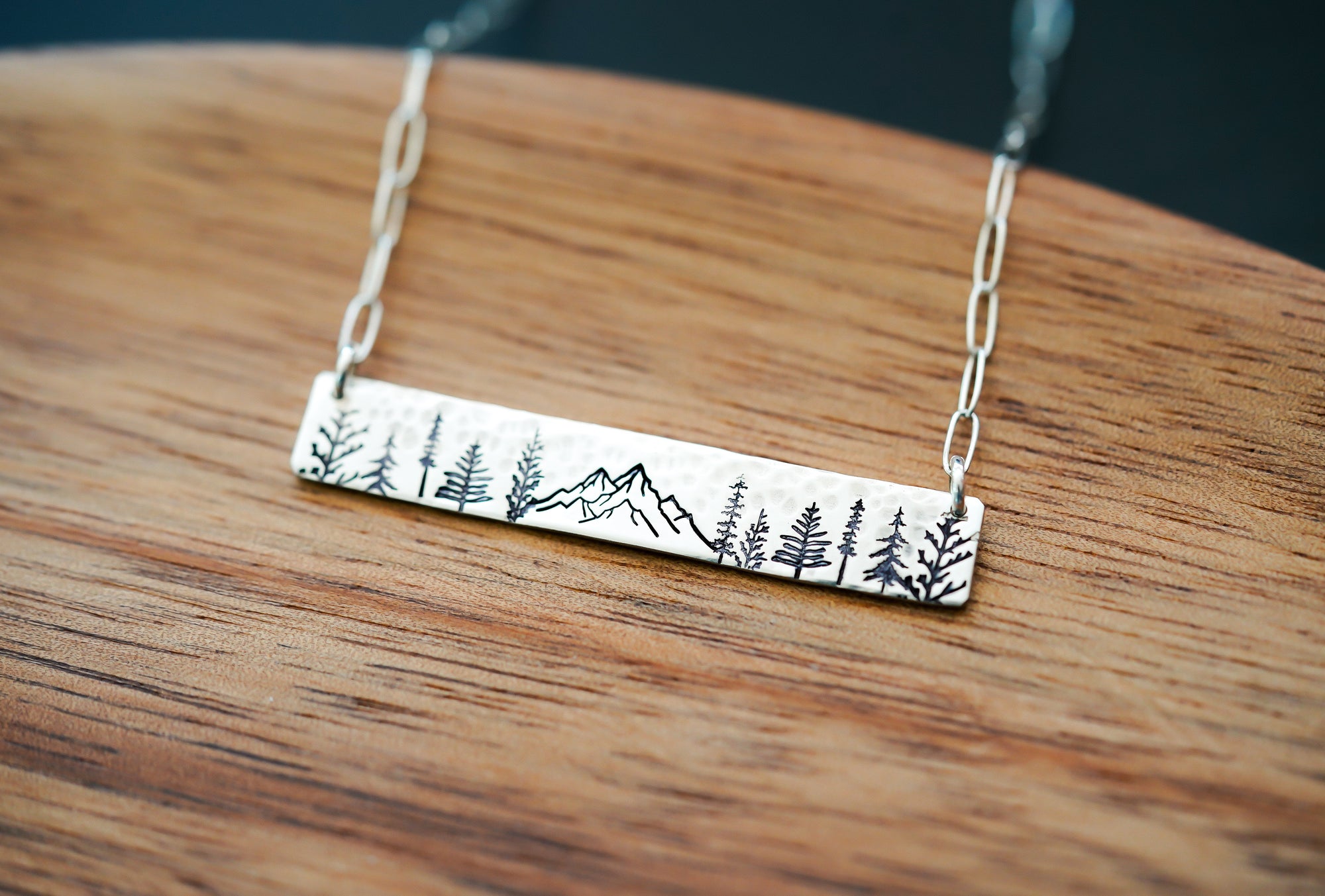 Mountain Scene Bar Necklace with Hammered Finish