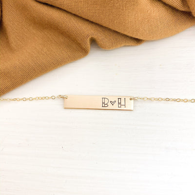 Words By Heart:Personalized Heart Split Initial Bar Necklace:Asheville, NC